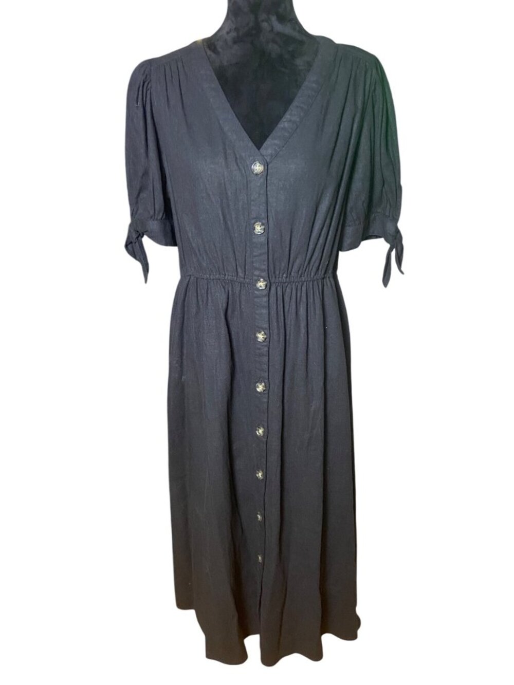 Time And Tru Black Button Front Midi Dress With Puff Sleeves & Tie Cuffs Size Sm